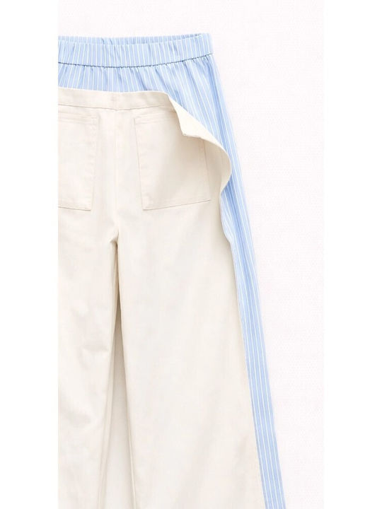 Women's High Rise Fabric Trousers in Regular Fit Striped Beige