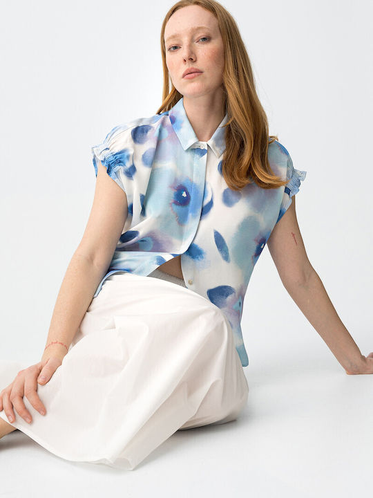 Short Sleeve Women's Shirt Blue Floral