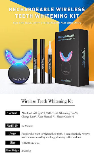 Glorysmile Kit Albire Dinti Fără Peroxid 3x 4ml Gel Lampă Led 16 Usb Reîncărcabilă Portabilă Neagră