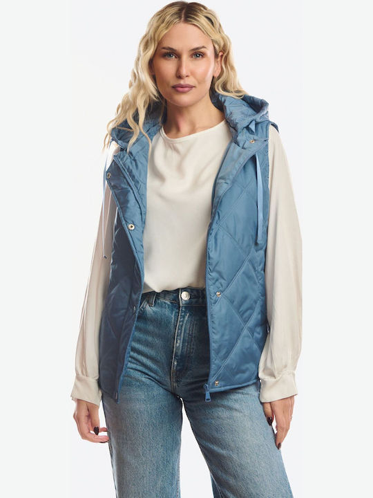 Long Women's Sleeveless Jacket for Winter Blue