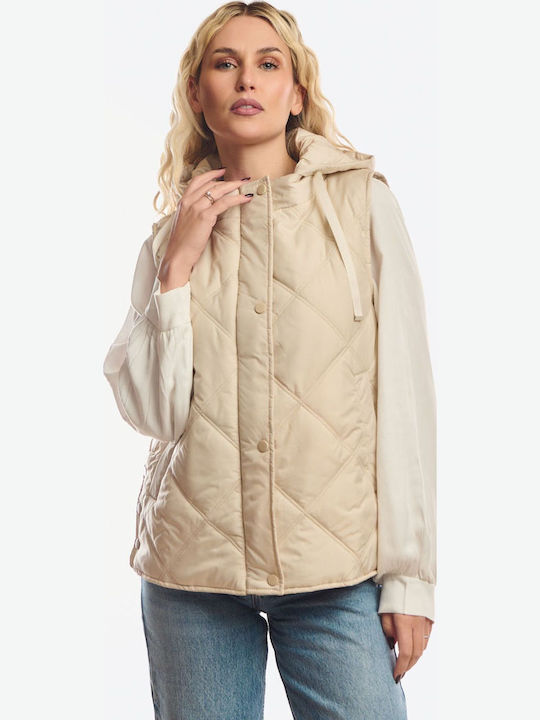 Long Women's Sleeveless Jacket for Winter Beige