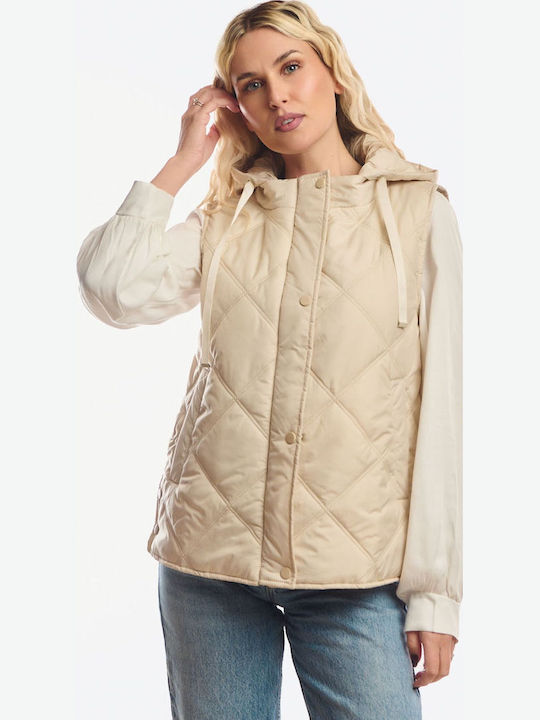Long Women's Sleeveless Jacket for Winter Beige
