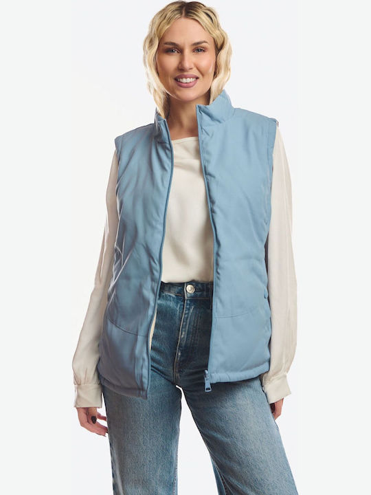 Long Women's Sleeveless Jacket for Winter Sky Blue