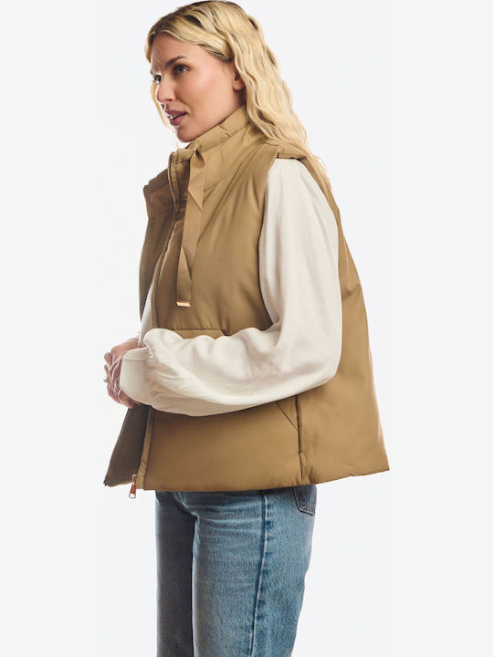 Long Women's Sleeveless Jacket for Winter Beige
