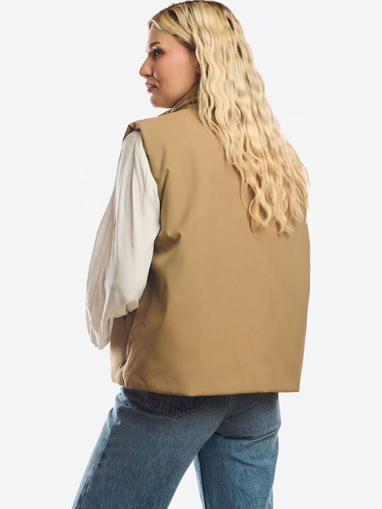 Long Women's Sleeveless Jacket for Winter Beige