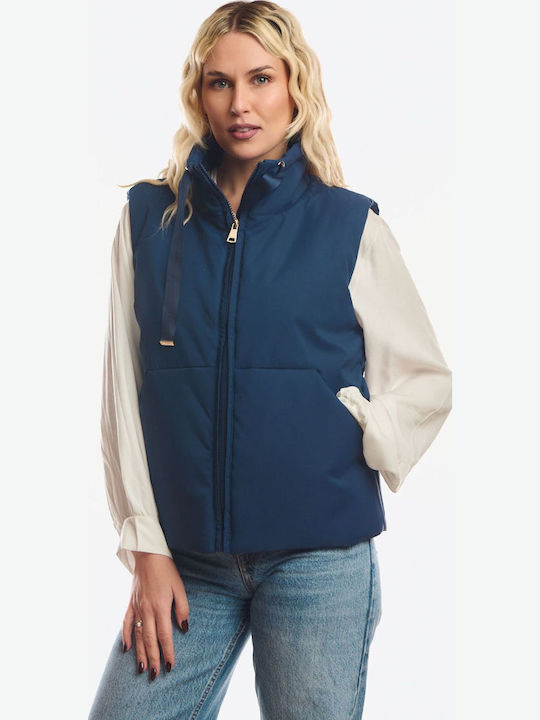 Long Women's Sleeveless Jacket for Winter Blue