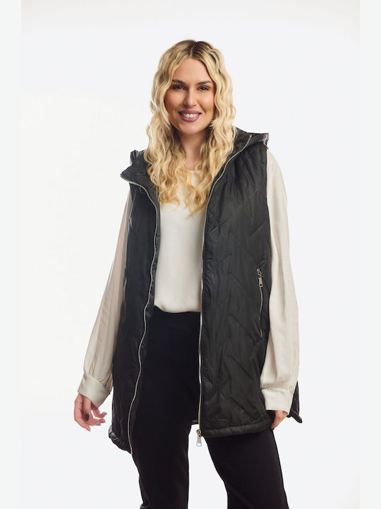 Long Women's Sleeveless Jacket for Winter Black