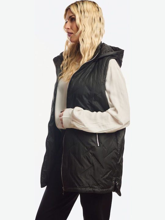 Long Women's Sleeveless Jacket for Winter Black