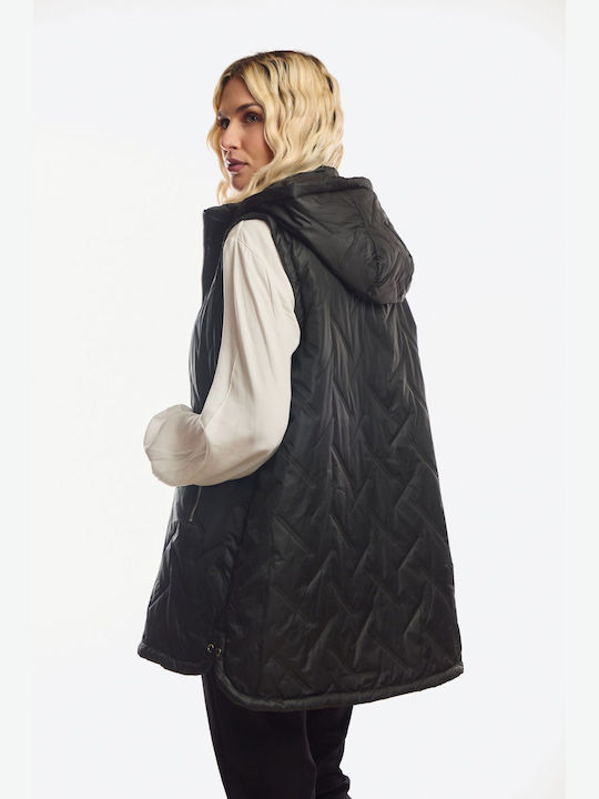 Long Women's Sleeveless Jacket for Winter Black