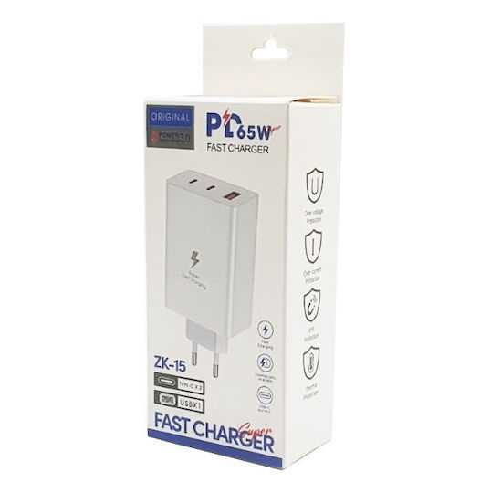 Incarcător Fără Cablu cu Port USB-A și 2 Porturi USB-C 65W Power Delivery Alb (ZK-15)