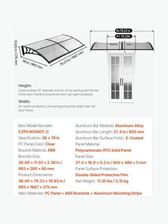 Vevor Polycarbonat Panel Decke P198.12xB96.52cm