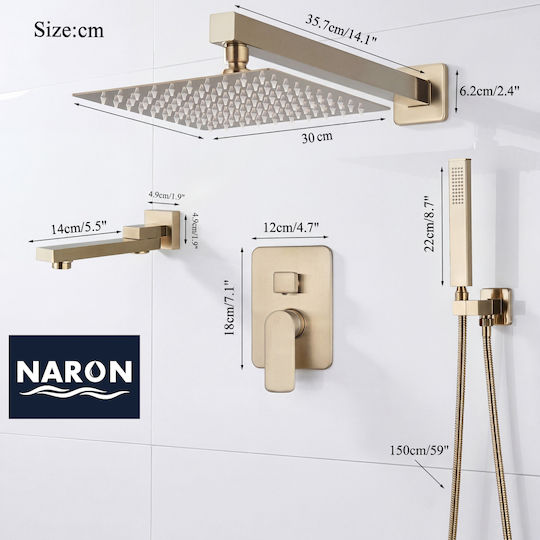 Naron Σετ Μίκτης, Στόμιο, Τηλέφωνο & Κεφαλή Ντουζ Εντοιχισμού για Ντουζιέρα 3 Εξόδων