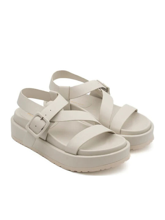 Leather Women's Flat Sandals Beige 30-1401 Off White