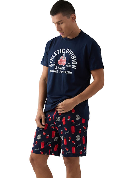 Minerva Sommer Herrenpyjama Baumwollene Marineblau