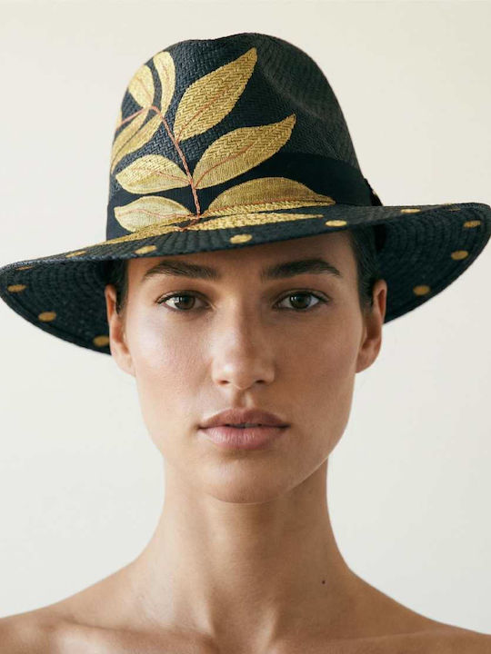 Sorena Handmade Damenhüte Rattangeflecht Fedora Schwarz