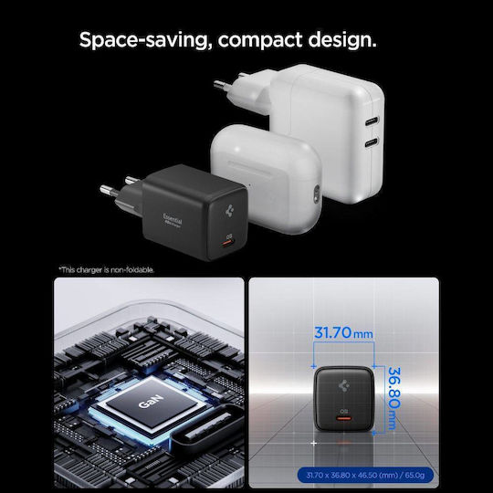 Spigen Φορτιστής GaN με Θύρα USB-C και Καλώδιο USB-C - USB-C 45W Power Delivery Μαύρος (ArcStation Essential)