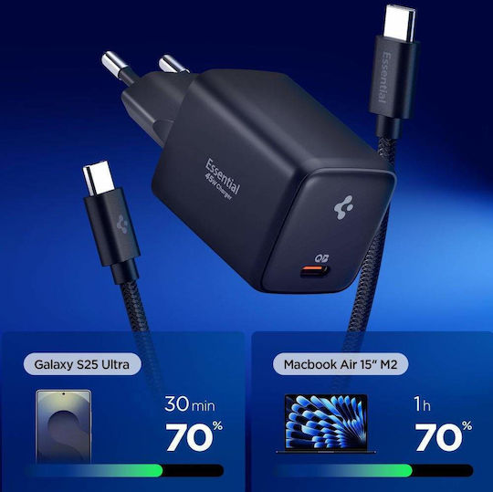 Spigen Φορτιστής GaN με Θύρα USB-C και Καλώδιο USB-C - USB-C 45W Power Delivery Μαύρος (ArcStation Essential)