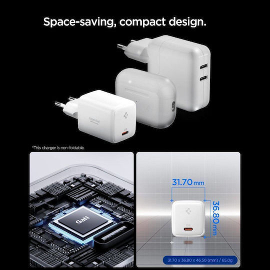 Spigen Φορτιστής με Θύρα USB-C και Καλώδιο USB-C - USB-C 45W Power Delivery Λευκός (Essential EE451EU)