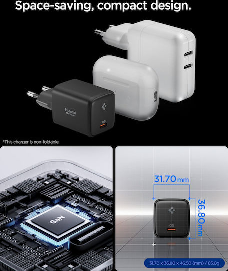 Spigen Φορτιστής GaN με Θύρα USB-C και Καλώδιο USB-C - USB-C 45W Power Delivery Μαύρος (ArcStation Essential)