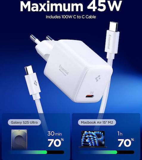 Spigen Φορτιστής με Θύρα USB-C και Καλώδιο USB-C - USB-C 45W Power Delivery Λευκός (Essential EE451EU)