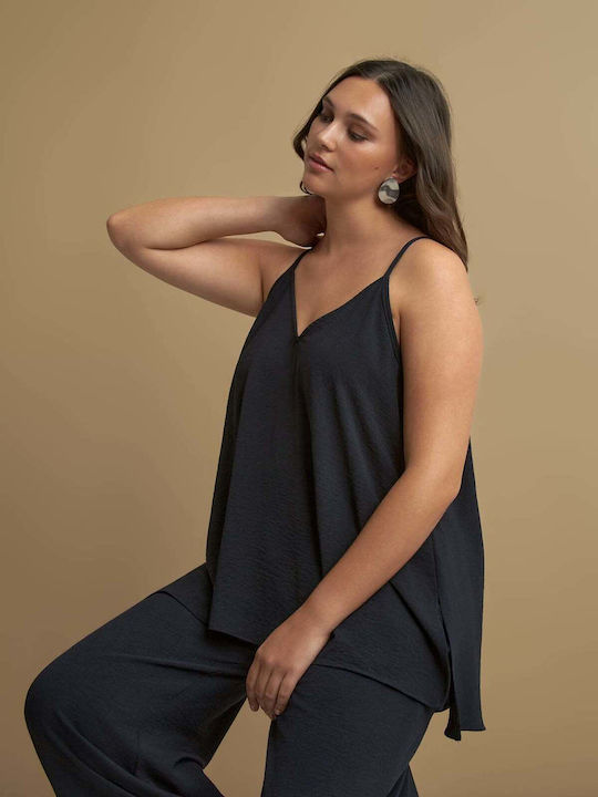 Women's Sleeveless Blouse with V-Neckline Black