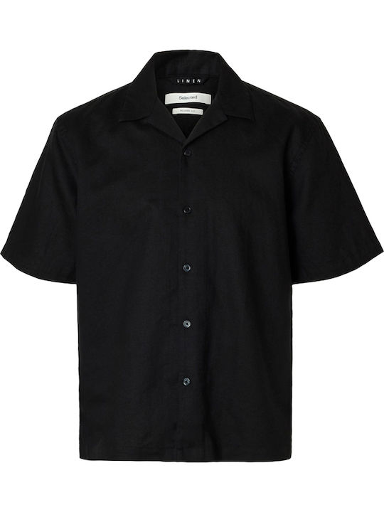 Short Sleeve Linen Shirt in Regular Fit Black