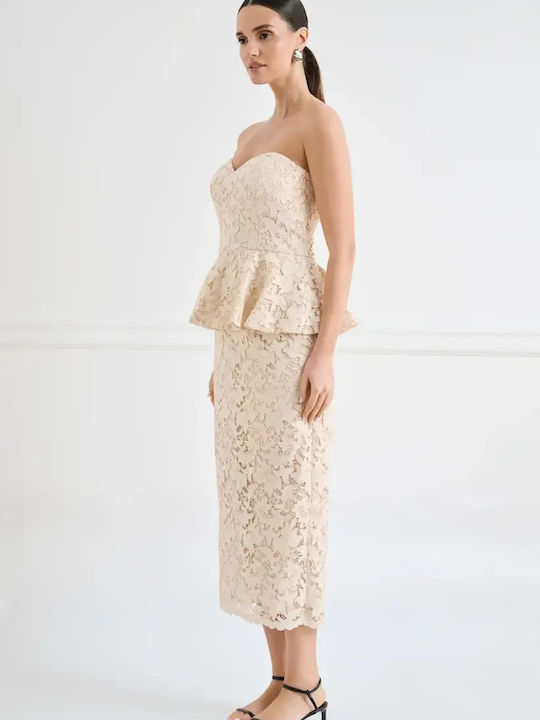 Summer Midi Dress for Wedding - Christening Strapless with Lace Beige