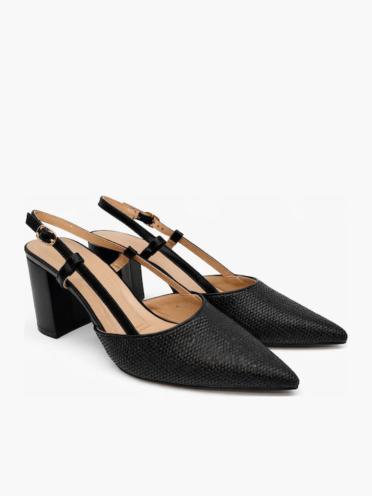 Pointed Toe Heels with Strap & Chunky High Heel Black