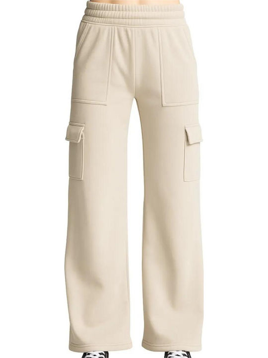 Women's Fabric Cargo Trousers with Rubber Band in Loose Fit Beige