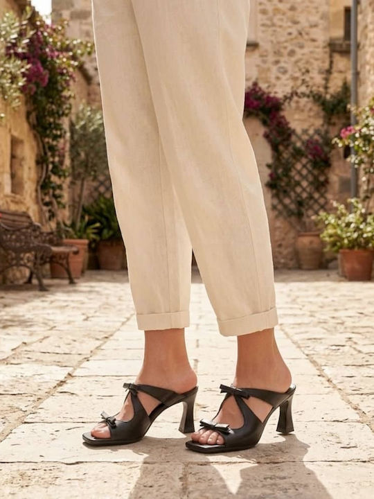 Δερμάτινα Mules με Λεπτό Τακούνι σε Μαύρο Χρώμα