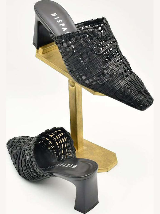 Pantofi Mules De Piele Cu Toc Gros Înalt Negru