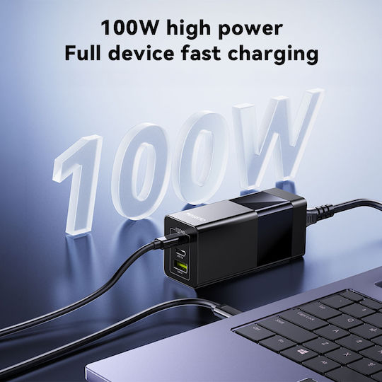 Yesido GaN Charging Station with USB-A Port and 2 USB-C Ports 100W Power Delivery in Black Colour (YC58)
