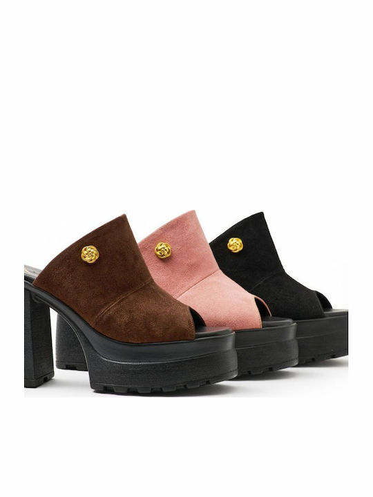 Suede Mules με Τακούνι σε Καφέ Χρώμα