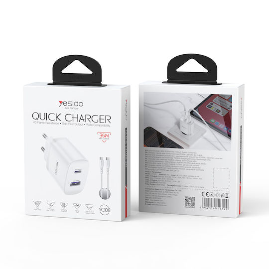 Yesido Yesido Φορteur Mit USB-A Und USB-C Ausgangsanschlüsse Und USB-C Kabel 35W Stromlieferung Weiß