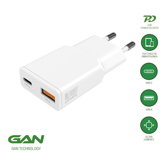 4Smarts Φορτιστής Χωρίς Καλώδιο GaN με Θύρα USB-A και Θύρα USB-C 30W Power Delivery Λευκός (Slim Duos)