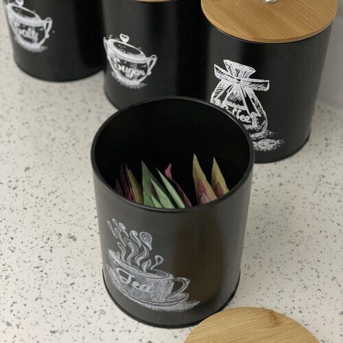 Set of 4 Coffee Sugar Pasta Cereal Jars with Metallic Black Lid 11x11x17cm 4 Pieces