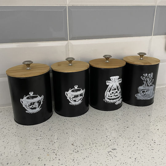 Set of 4 Coffee Sugar Pasta Cereal Jars with Metallic Black Lid 11x11x17cm 4 Pieces