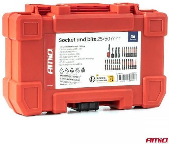 Amio Set Sockets & Ratchet Bits 25/50mm Heavy Duty Case Fixed Tool Placement & Everyday Use 36 Pieces 04782/am Amio 04782/am