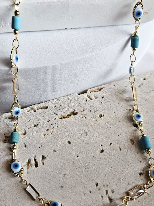 Halskette Auge Hellblaue Steine Kette Flach Gold Halskette Auge Hellblaue Steine Kette Flach Gold