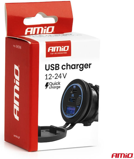 AMiO Автомобилен Заряден Устройство за Бързо Зареждане с Портове 1xUSB-A 2xUSB-C Син Цвят