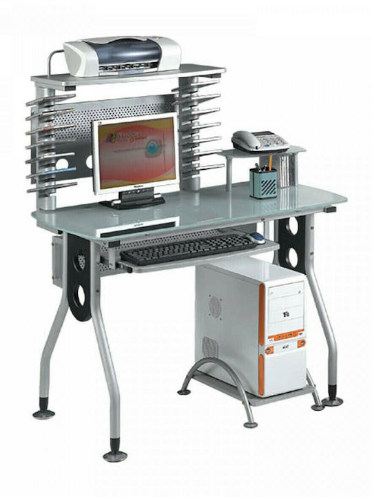 Computer Büro Glas mit Bücherregal Silber mit Metallbeinen 100x60x75cm