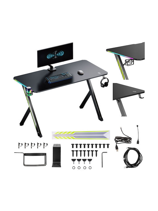 Γραφείο Gaming Rs102 Ξύλινο Μαύρο με LED & USB θύρες 120x60x75εκ.