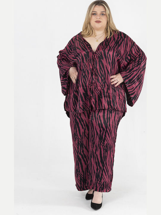 Damen Burgundisches Set mit Gummibandhose in Gerader Bein Stil Leo