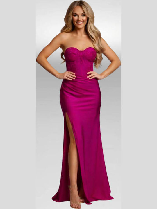 Καλοκαιρινό Maxi Φόρεμα για Γάμο / Βάπτιση Strapless Σατέν Φούξια