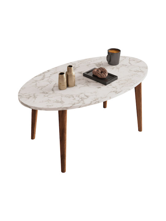 Oval Central Coffee Table Vital Wooden White Marble - Walnut W90xD50xH42cm