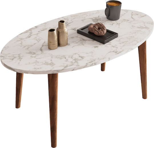Oval Central Coffee Table Vital Wooden White Marble - Walnut W90xD50xH42cm
