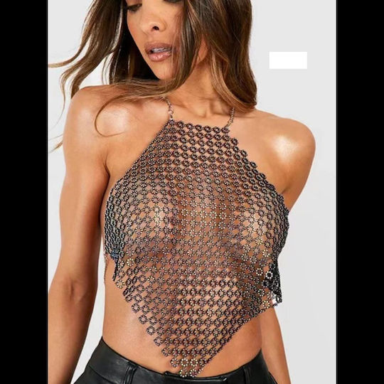 Top Circle Strass V Long Open Back Black Silver