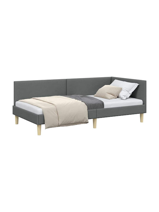 Pat Single Tapițat cu Material Gri Închis cu Plăci pentru Saltea 90x200cm