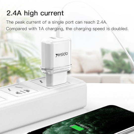 Yesido Charger with 2 USB-A Ports and Cable micro USB Whites (YC26)