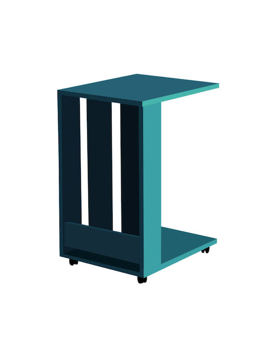 Правоъгълна Странична Кафе Маса Дървена с Колела Тюркоазена Ш37.5xД45xВ60см
